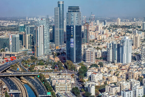 TEL AVIV, ISRAEL - November, 2016: Top view of Tel Aviv from the observation deck of the round tower Azriel center, Israel