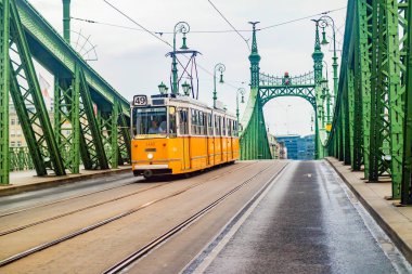 Özgürlük Köprüsü ve sarı tren Budapeşte '.