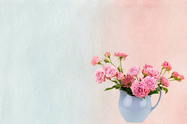 Pink flowers in blue jug on watercolor pink and blue painted background.