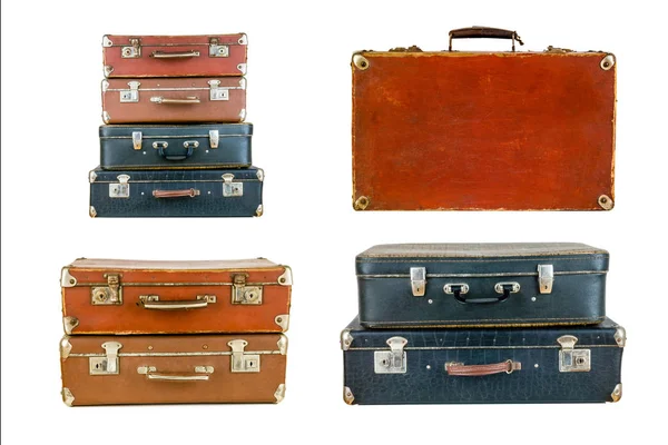 Collage van retro reizen koffers geïsoleerd op wit — Stockfoto