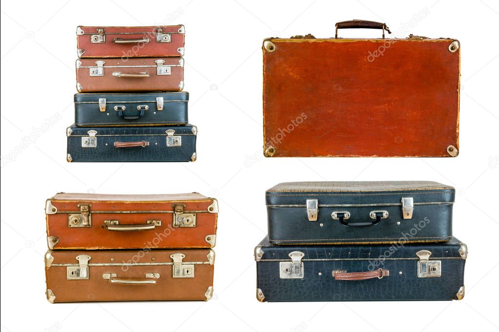 Collage of retro travel suitcases isolated on white