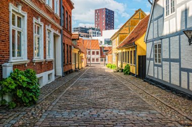 Danimarka 'nın Odense kentindeki renkli geleneksel evler
