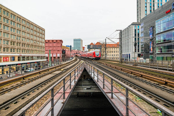 Berlin, Germany - December, 2019: Electric train infrastructure near Alexanderplatz in Berlin.