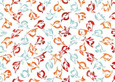 Suluboya kırmızı, mavi ve turuncu soyut desen. Moda tekstili, kumaş, arkaplan süsleri.