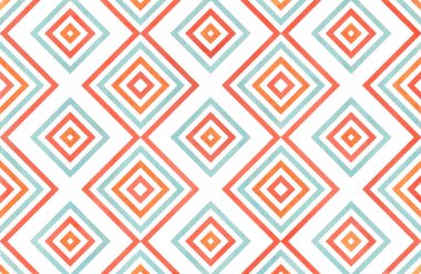 Somon kırmızısı, mavi ve havuç turuncu renkli suluboya geometrik desen. Moda tekstili, kumaş, arka plan için..