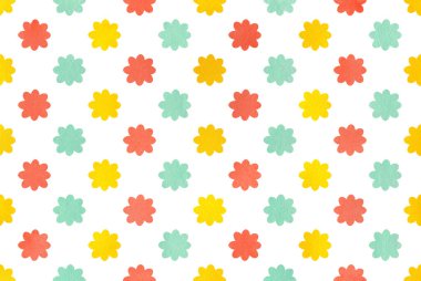 Suluboya somon pembe, sarı ve deniz köpüğü mavi çiçek desen.