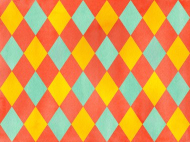 Suluboya somon pembe, sarı ve deniz köpüğü mavi elmas desen. Moda tekstil, kumaş, arka planlar için geometrik geleneksel süs.