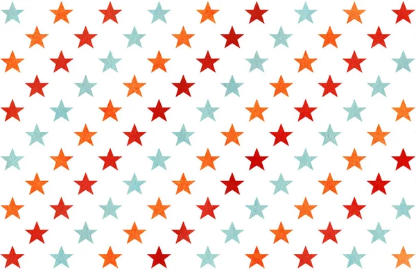 Aquarellmuster Mit Roten Blauen Und Orangen Sternen Auf Weißem Hintergrund — Stockfoto