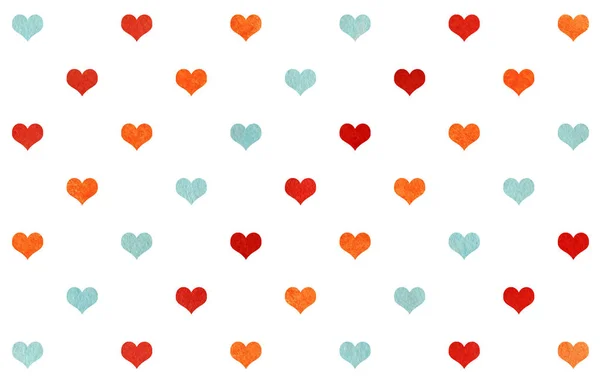 Watercolor Red Blue Orange Hearts White Background Pattern — Stock Photo, Image