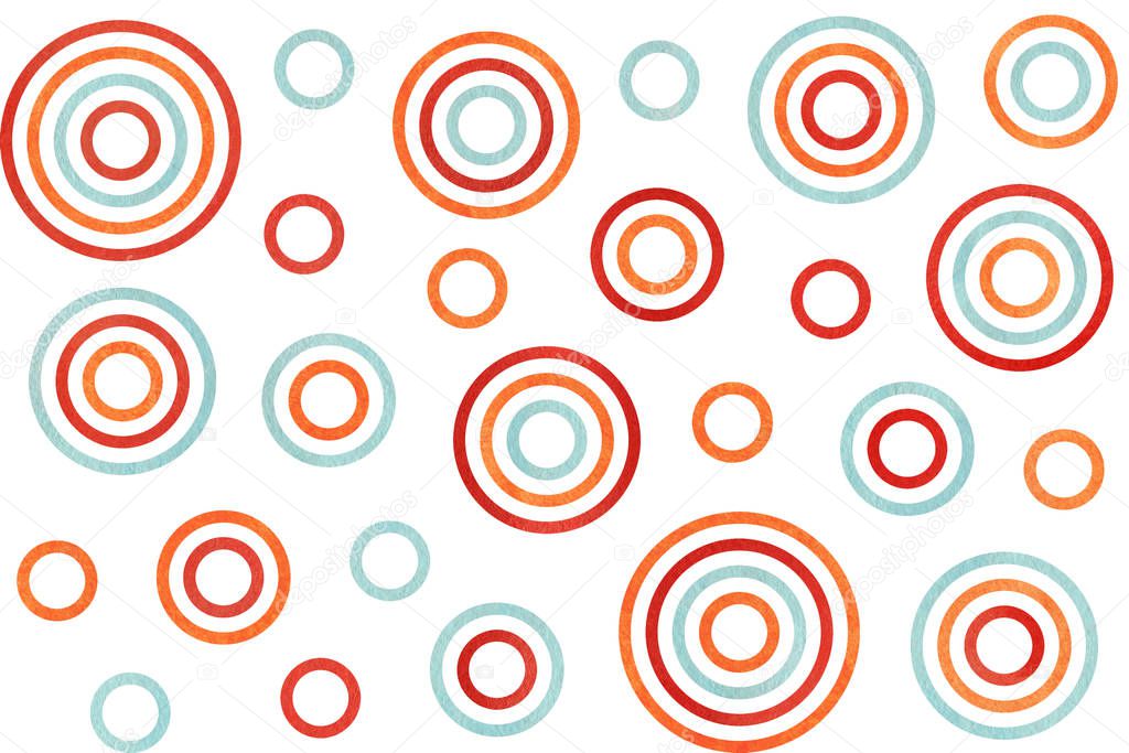 Watercolor orange, blue and red circles on white background.