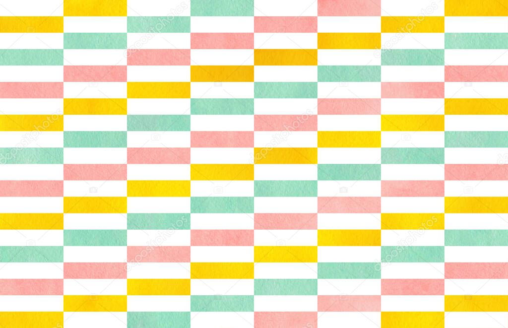 Watercolor light pink, yellow and seafoam blue striped background.