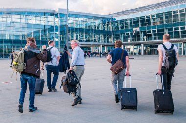 Lviv, Ukraine - May, 2019: People say goodbye at at Danylo Halytskyi International Airport.