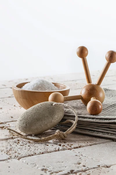 Foot care and soothing bath with pumice, massager and salt — Stock Photo, Image