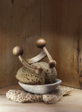 Sauna, Hamam veya Türk Hamamı ahşap arka plan hakiki lif kabağı