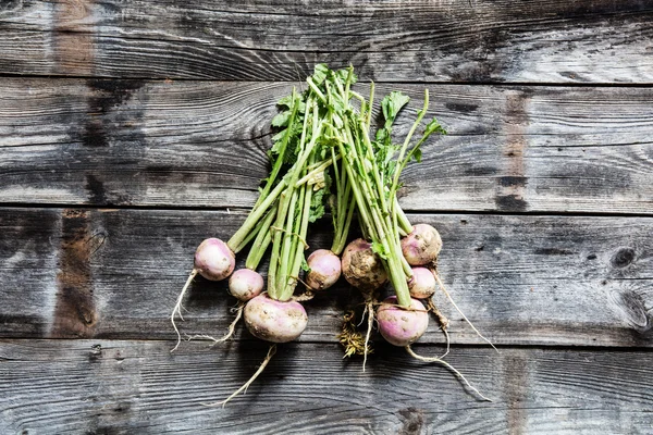 Manojo de nabos orgánicos con suciedad y raíces, jardinería auténtica — Foto de Stock