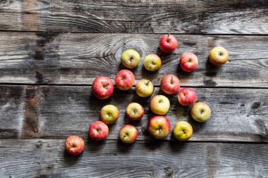 sonbahar diyet için rustik ahşap arka plan üzerinde çeşitli mevsimlik elma
