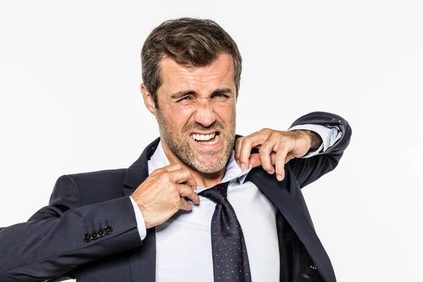 Revolted exasperated exbusinessman tearing his shirt, collar and tie out — Stock Photo, Image