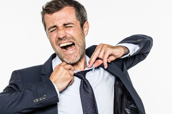 Shouting bearded business man in crisis, disgusted by corporate frustration — Stock Photo, Image