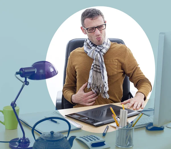 Sick independent man suffering from painful stomach ache at office — Stock Photo, Image