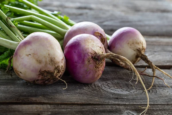 Closeup of rustic organic turnips for sustainable vegetarian farming — Stock Photo, Image