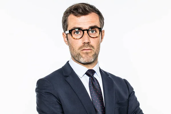 Daydreaming bearded middle aged businessman with eyeglasses thinking about leadership — Stock Photo, Image