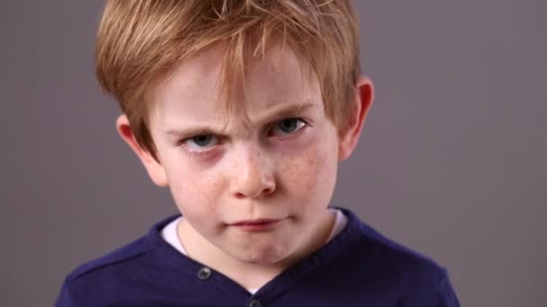 Infeliz niño pequeño defendiéndose con los puños levantados contra la intimidación — Vídeos de Stock