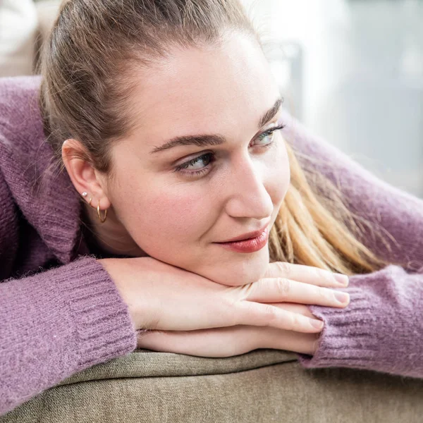 Closeup portrait of dreaming beautiful young caucasian woman for meditation — Stock Photo, Image