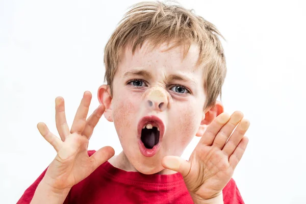 Screaming cheeky kid crushing his nose to window for misbehavior — Stock Photo, Image