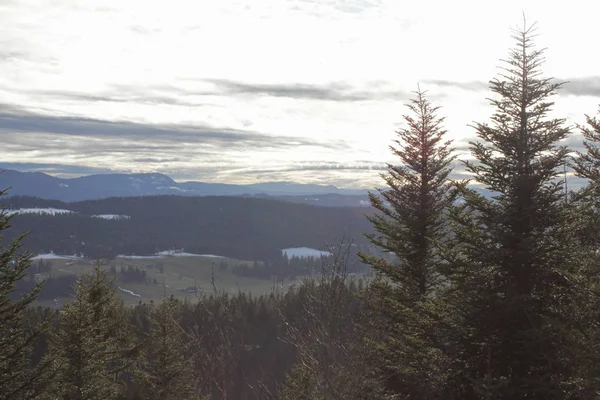 Nuvens de inverno na cordilheira, vale e floresta de abeto — Fotografia de Stock