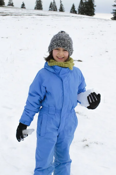 Portrait for fun childhood in winter mountain for hiking vacation — 스톡 사진