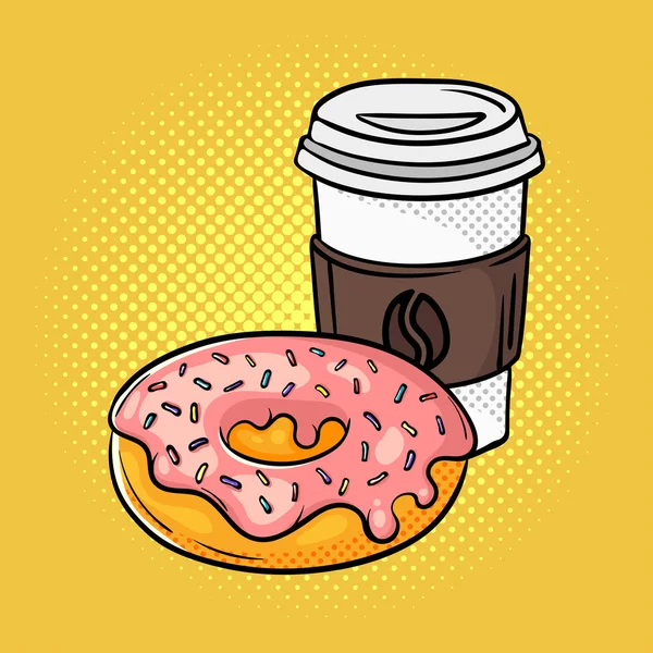 Vector hand drawn pop art illustration of donut and coffee on th — Stock Vector