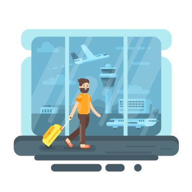 Airpor çanta ile sakallı adam Vektör düz stil illüstrasyon