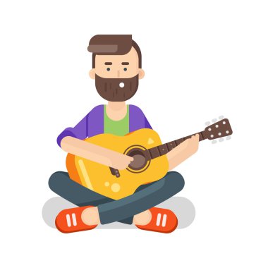 Gitar ile mutlu adam Vektör düz stil illüstrasyon. 
