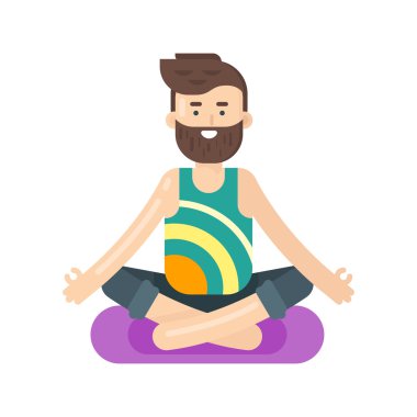 Yoga yapan sakallı adamın vektör düz stil illüstrasyon.