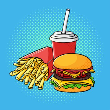 Vektör el hamburger, fransız frikik pop art illüstrasyon çizilmiş