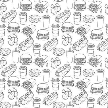 Vektör el çizilmiş pop art monokrom fast food deseni. 