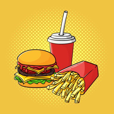 Vektör el hamburger, fransız frikik pop art illüstrasyon çizilmiş