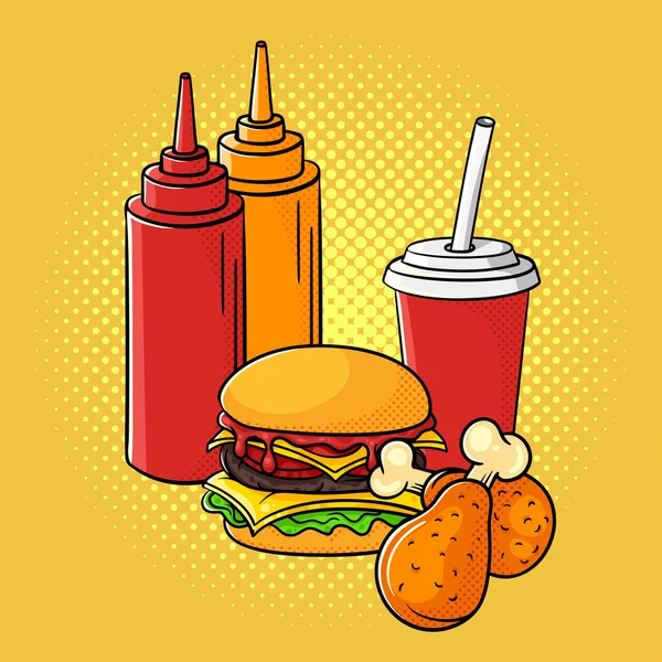 Vector hand getekende popart illustratie van ketchup en mosterd, b — Stockvector