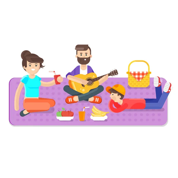 Ευτυχισμένη οικογένεια picnic για το par εικονογράφηση διάνυσμα επίπεδη στυλ — Διανυσματικό Αρχείο