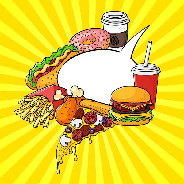 Conjunto de arte pop dibujado a mano vectorial de comida rápida con burbuja del habla . — Vector de stock