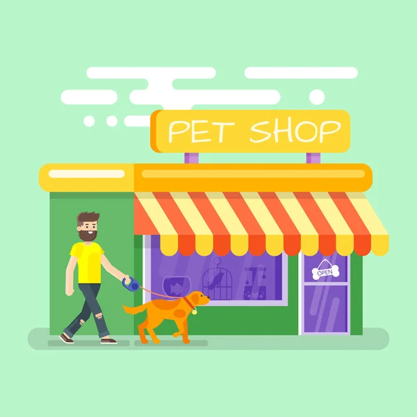 Flat illustration of bearded man leading the dog to the pet shop — Stock Vector