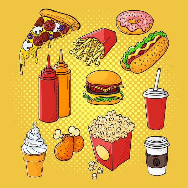 Vektör el çizilmiş fast food pop art seti. 