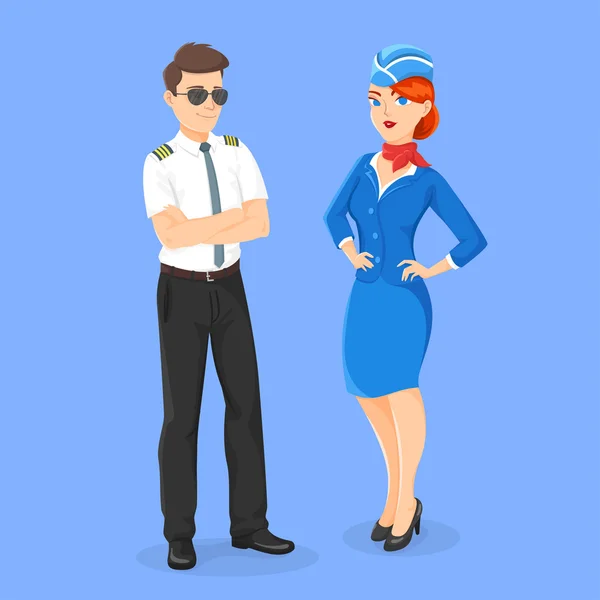 空勤人员的矢量平面样式插图：飞行员和空姐. — 图库矢量图片