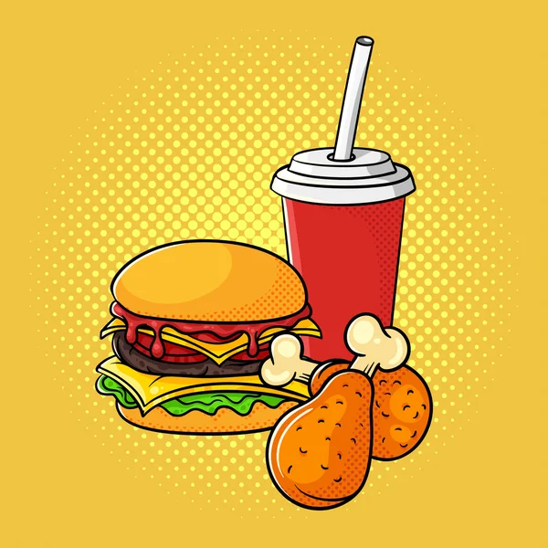 Vector dibujado a mano arte pop ilustración de hamburguesa, patas de pollo , — Vector de stock