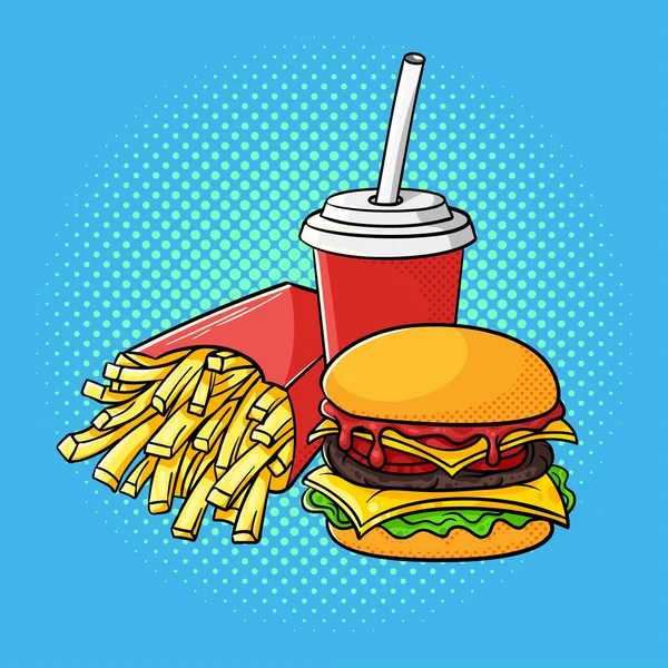 Vector dibujado a mano ilustración de arte pop de hamburguesa, papas fritas — Vector de stock