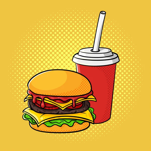 Vektör el hamburger ve soda fincan pop art illüstrasyon çizilmiş — Stok Vektör