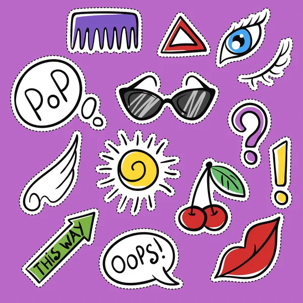 Conjunto vectorial de parches de moda: ojo, cereza, sol, gafas . — Archivo Imágenes Vectoriales