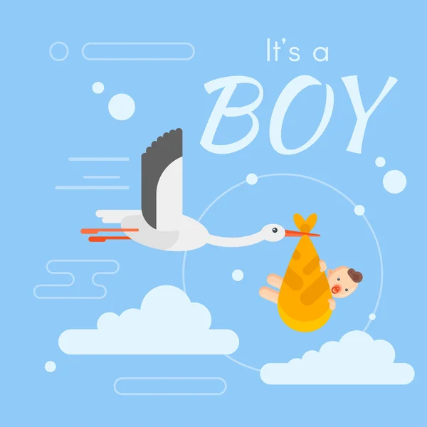 Vector platte stijl illustratie van Stork zorgzaam een pasgeboren baby in — Stockvector