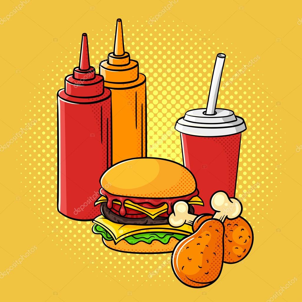 Vector hand drawn pop art illustration of ketchup and mustard, burger, chicken legs, and soda cup. Fast food. Retro style. Hand drawn sign. Illustration for print, web.