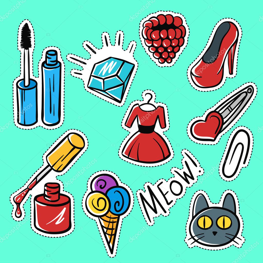 Vector set of fashionable patches:brilliant, raspberries, cat, s